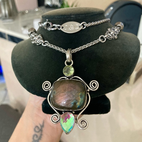 Flash iridescent grey green labradorite yellow citrine iridescent stone necklace - Picture 14 of 16